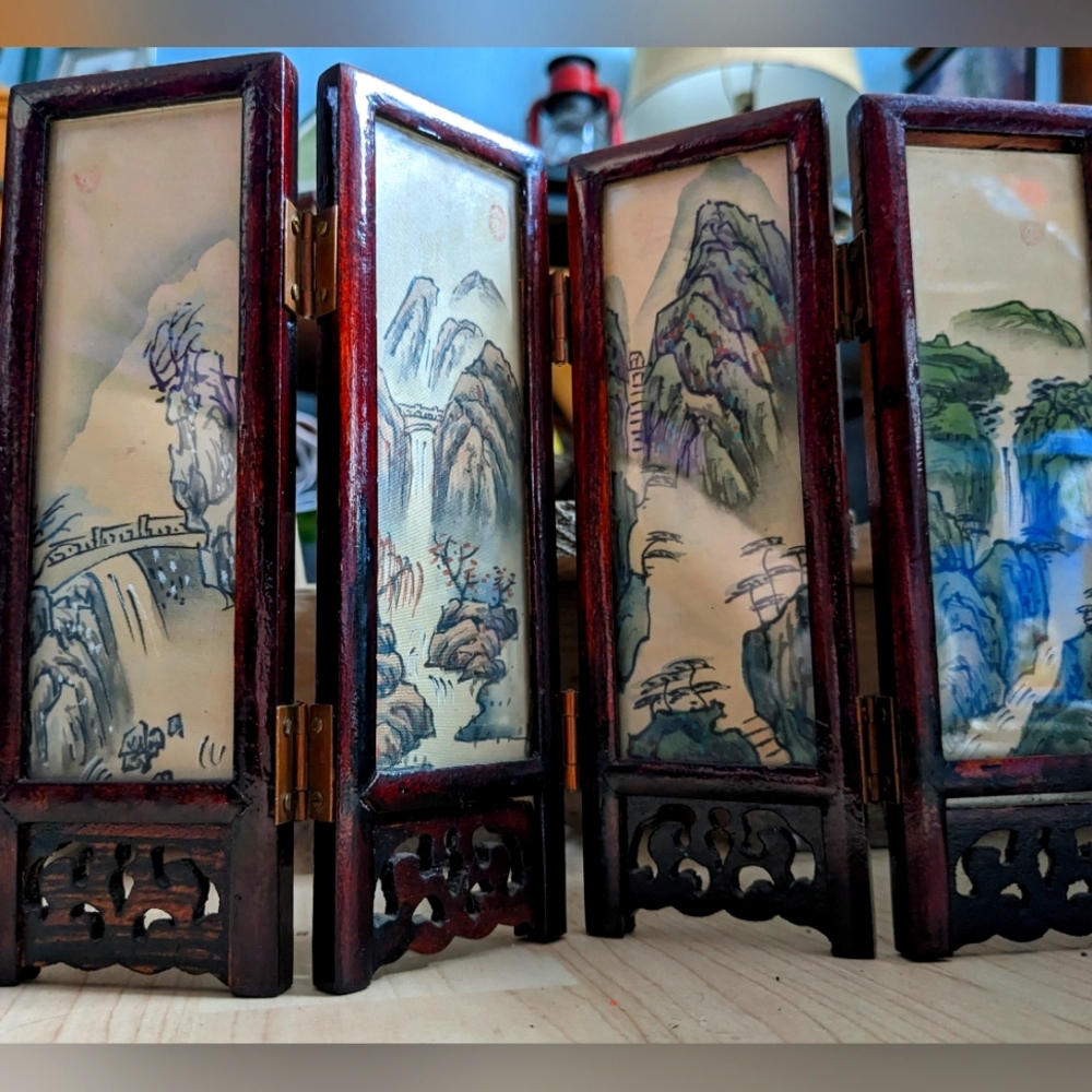 Antique Japanese 4-Panel Folding Screen. Hand Carved/Pained | + 3 extra Panels